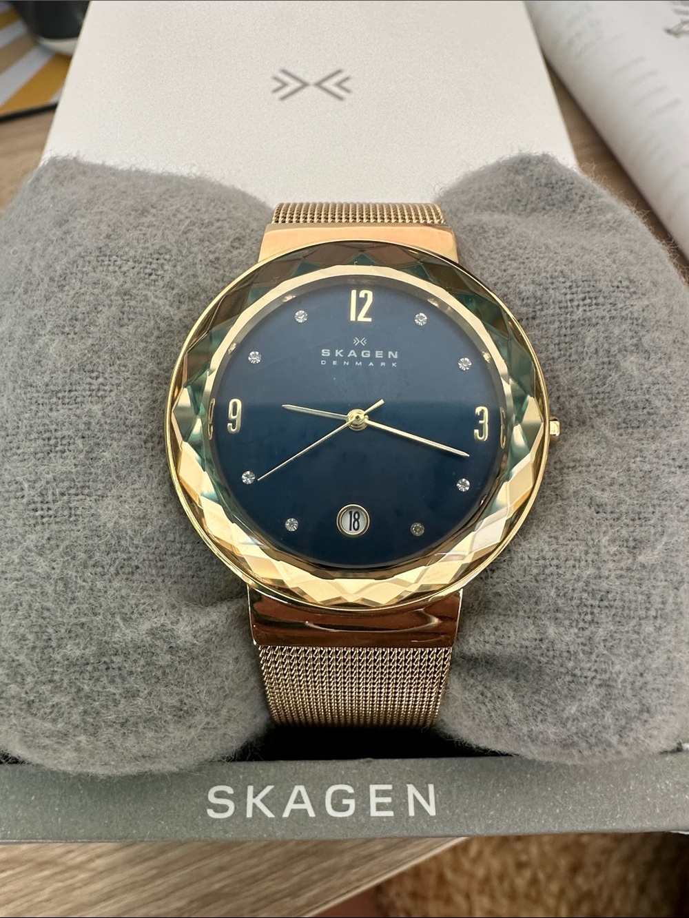 Skagen Gold Mesh Watch with Blue Dial and Crystal Bezel